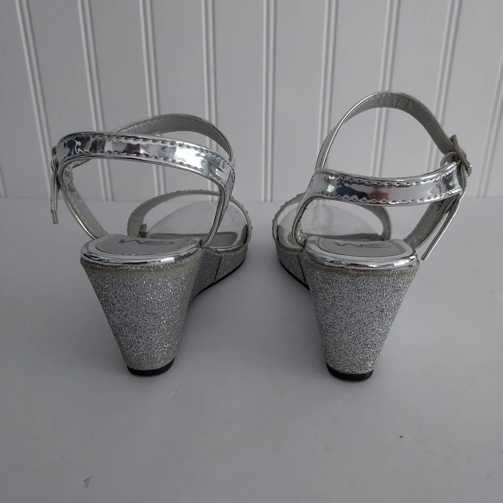 Chelsea Moreland Wedges Girls Size 2 Silver Ankle Strap Open Toe Glitter Jewel